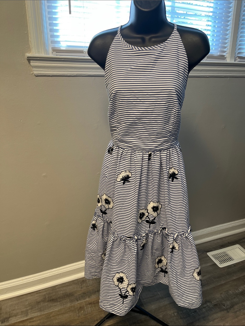 Eliza J Striped Navy & White Floral Tiered Halter Dress.